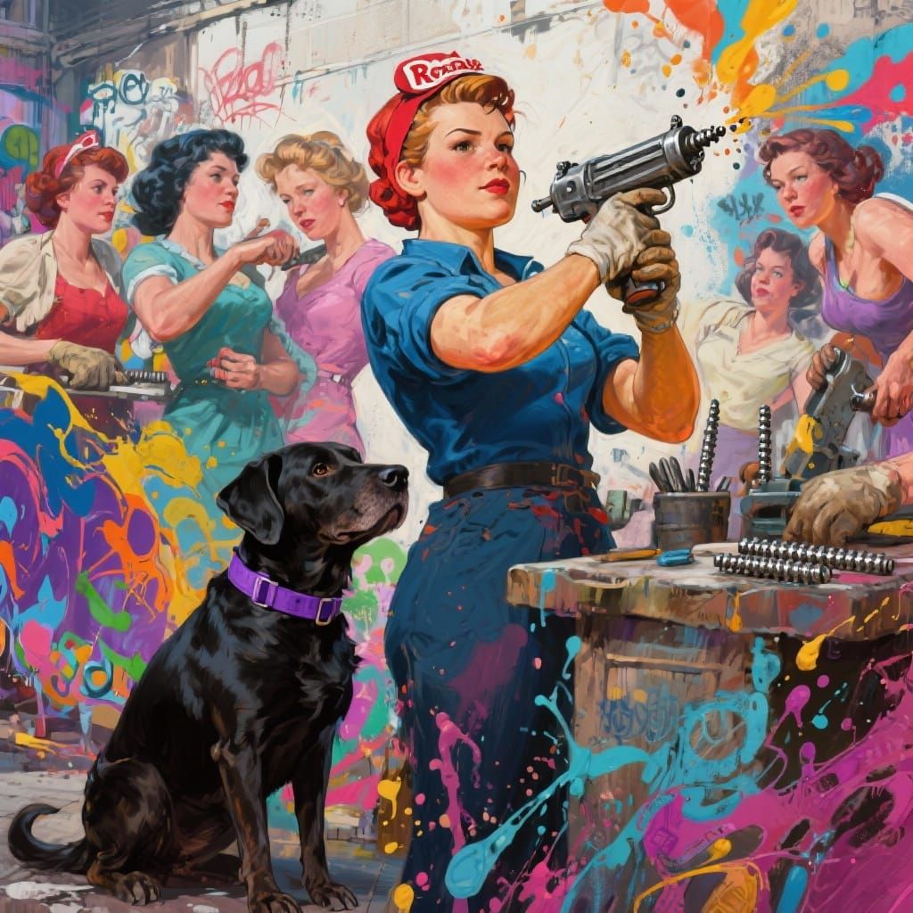 Rosie the Riveter at Work with Black Lab in Graffiti Style