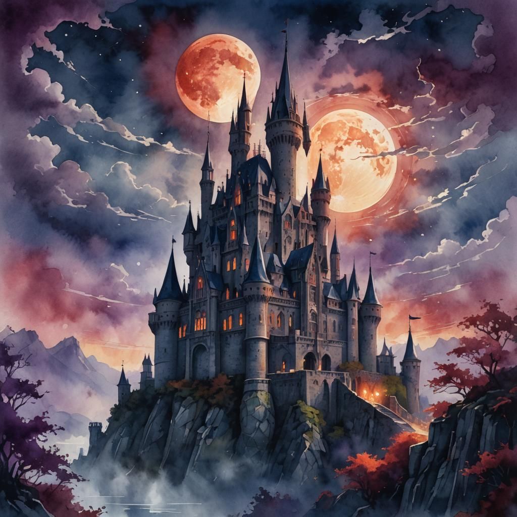Gothic Castle Under Dazzling Bloodmoon