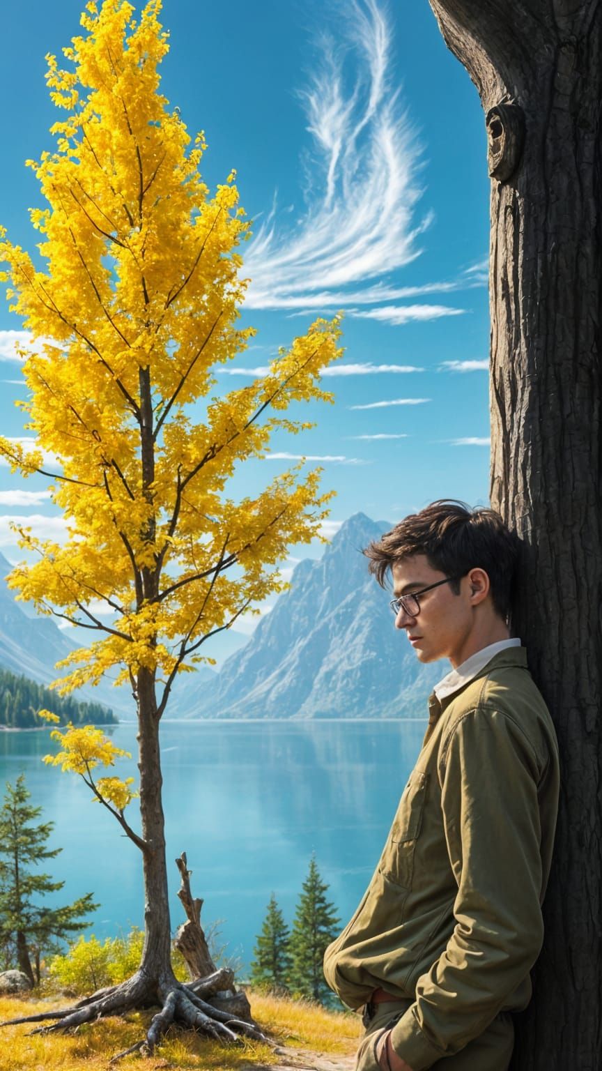 Young Man Contemplates Life Under a Shaded Tree with a Majes...