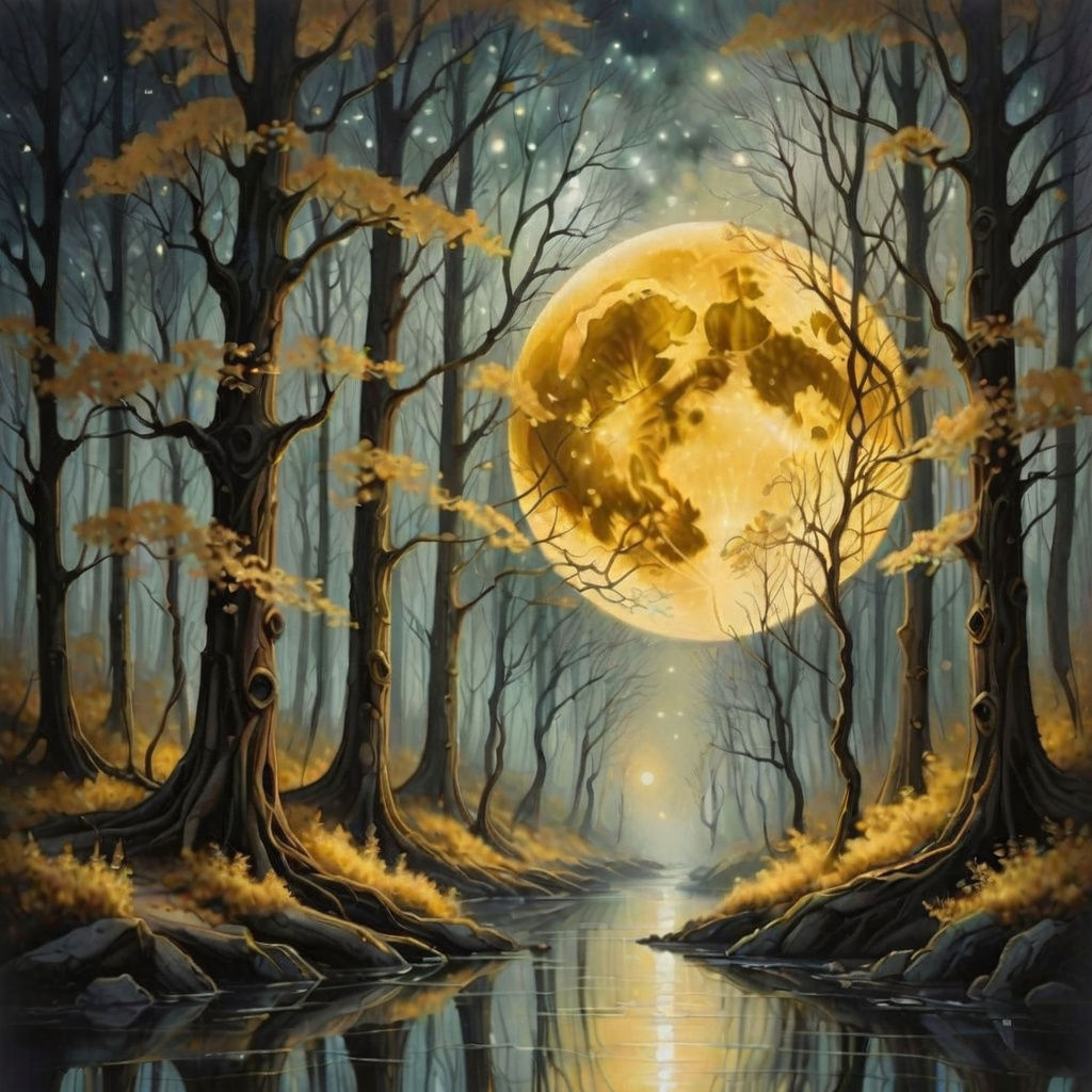 Ethereal Moonlit Forest in Vibrant Gold and Gray Hues