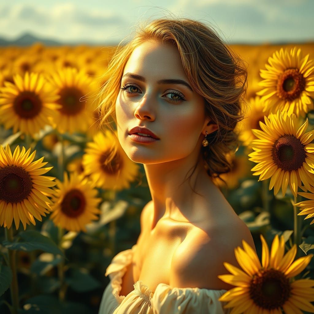 Serene Woman Amidst Vibrant Sunflowers in Soft Golden Light