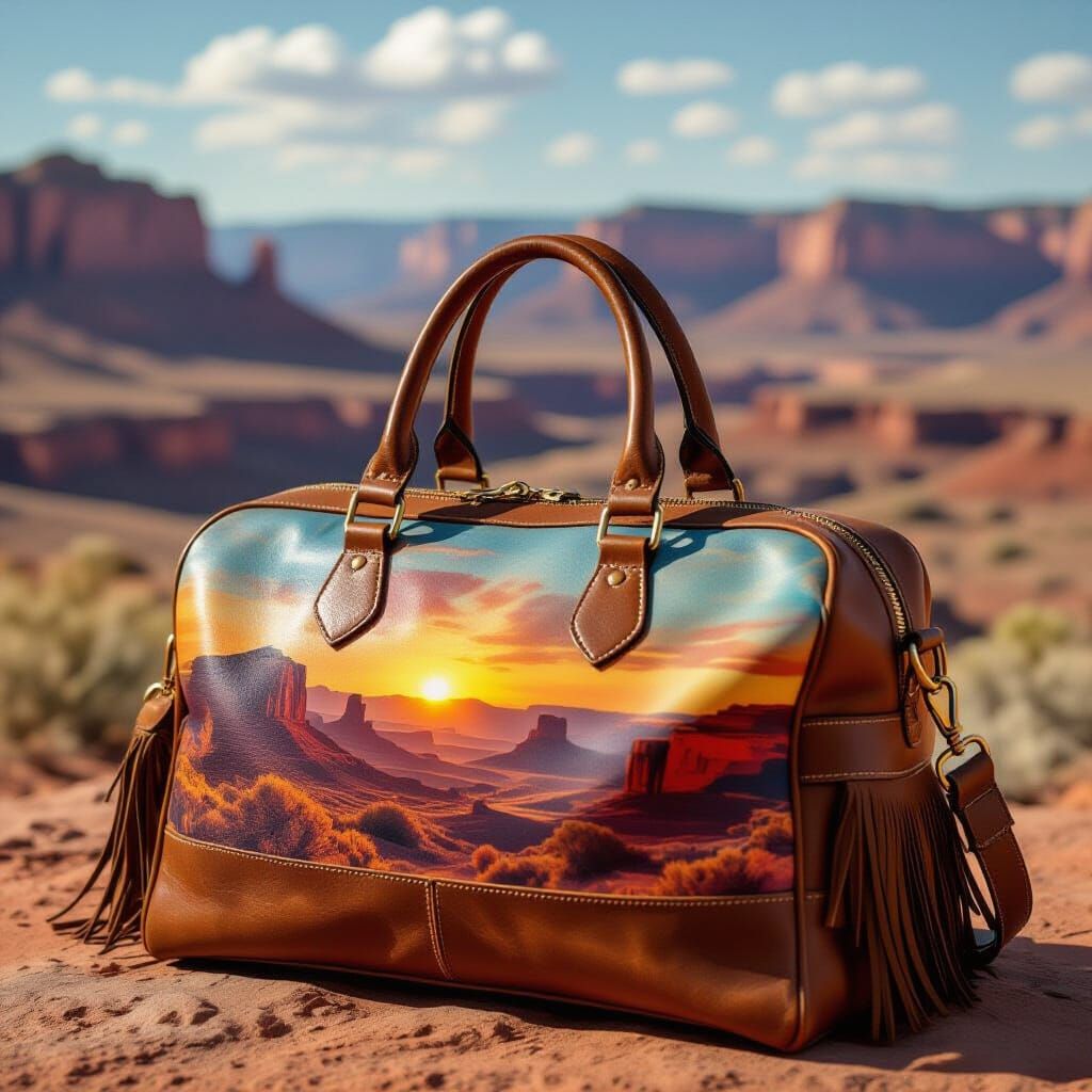 Leather Travel Bag with Desert Sunset, Cinematic Style