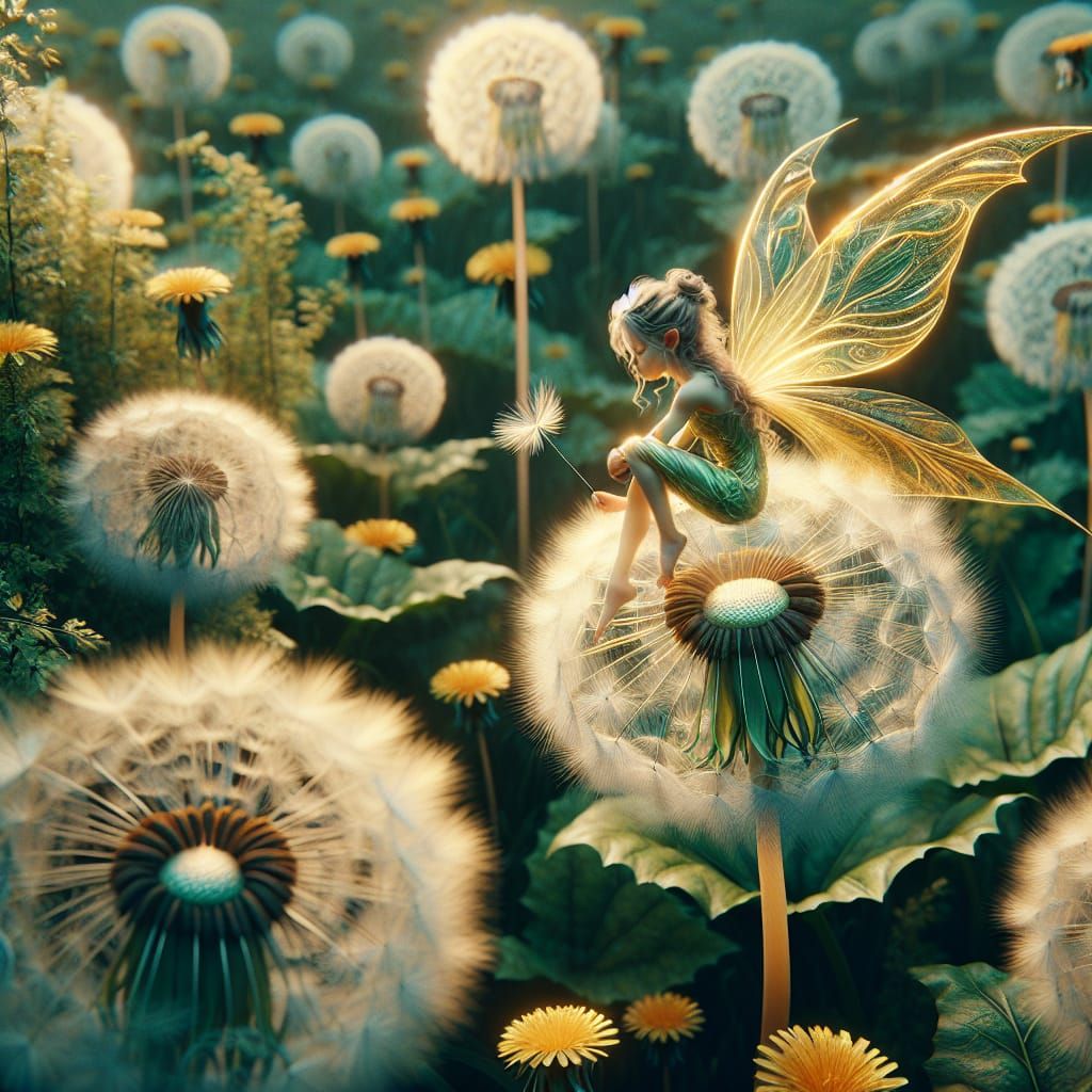 Golden-Winged Fairy Perched on Dandelion as Matte Painting