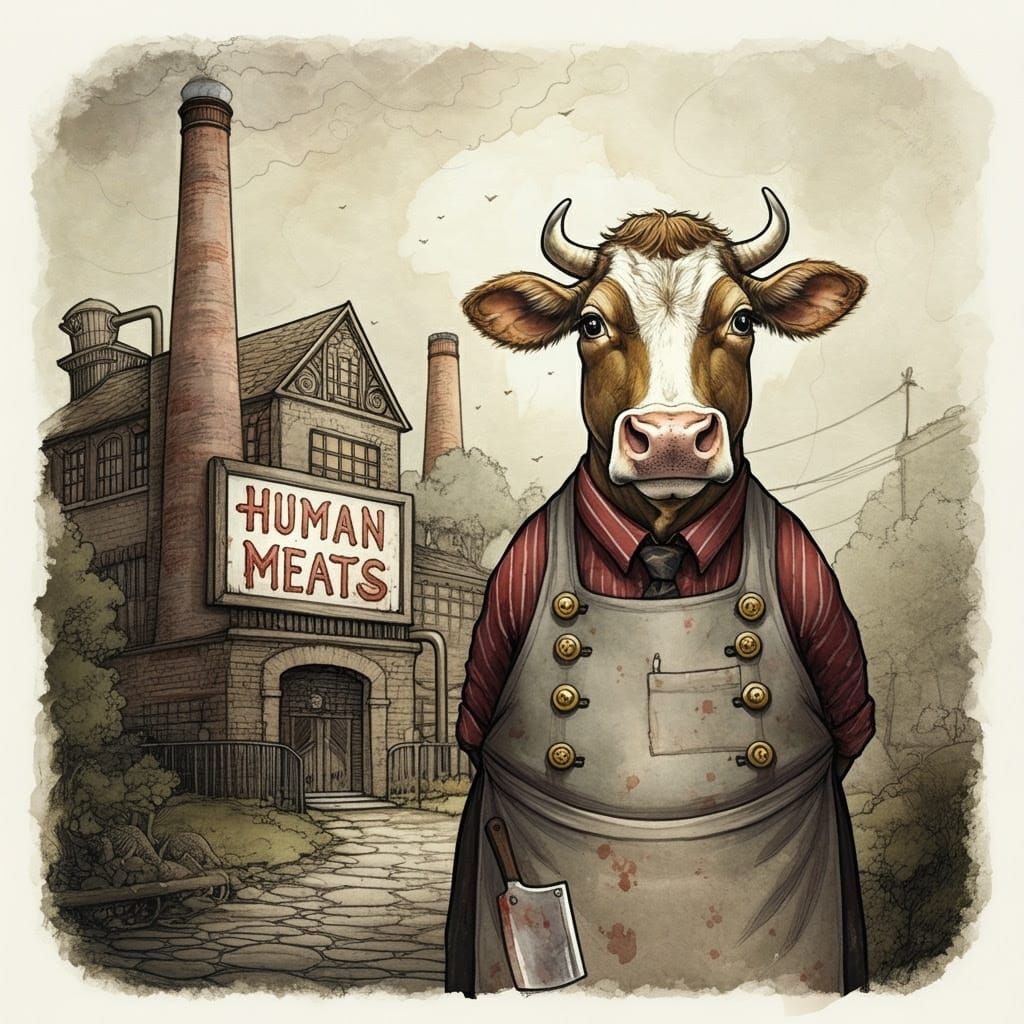 Whimsical Cow Stands Outside Creepy Factory in Classic Child...