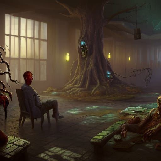Zombie at Psychiatrist Office: Detailed Matte Painting
