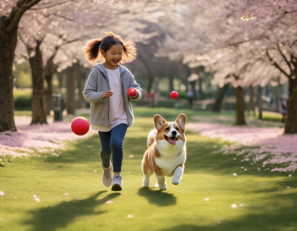 Girl and Corgi Puppy Play Fetch in Spring Park