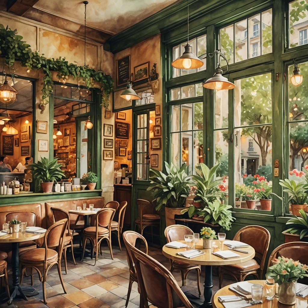Inviting French Bistro with Lush Garden View