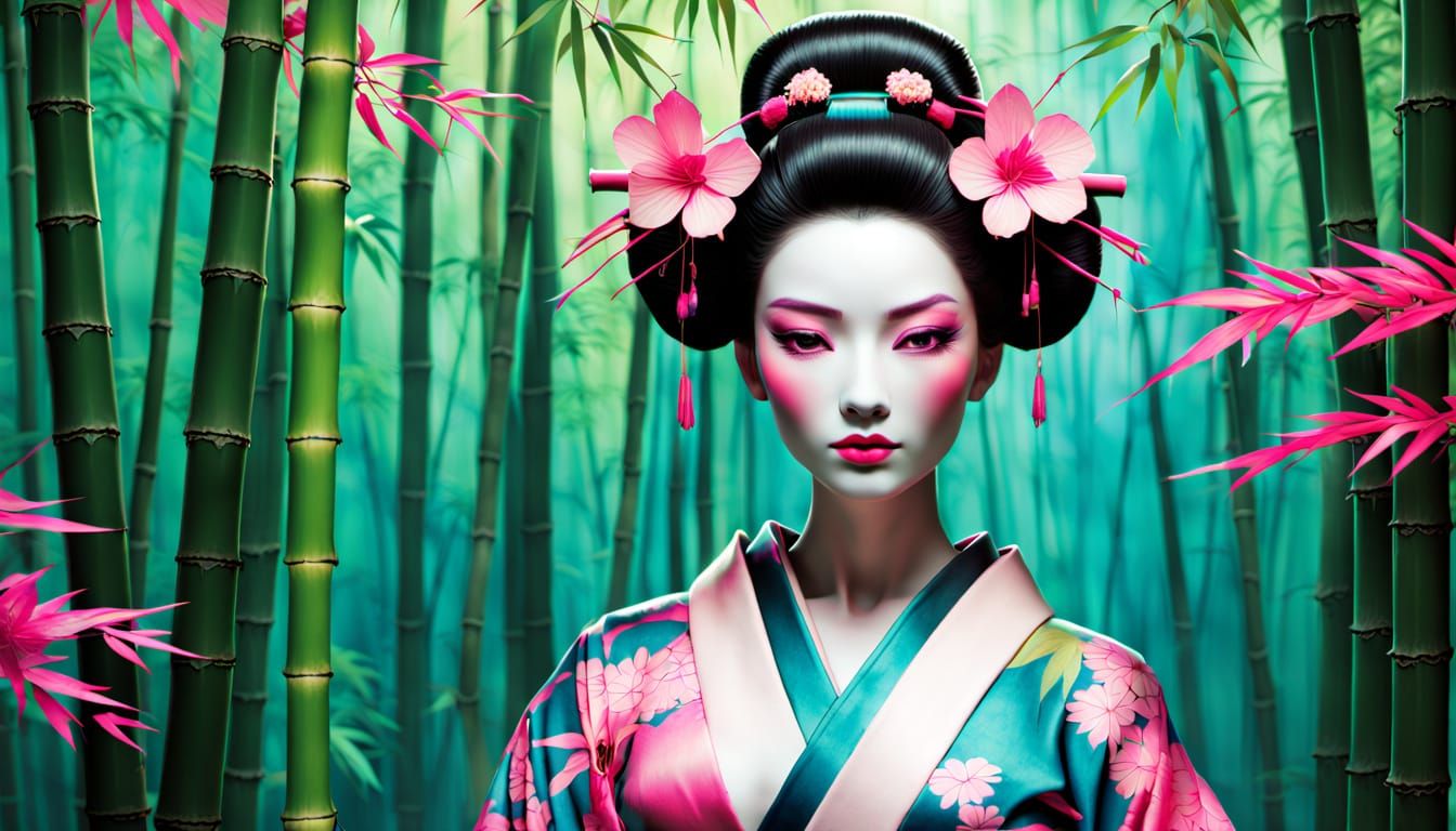 Robot Geisha in Neon Bamboo Forest