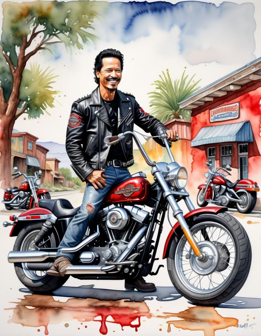 Cartoon Rendering of a Biker Beside Motorcycle