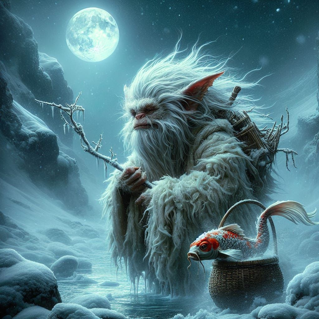 Gremlin Monk and Magical Koi in Snowstorm