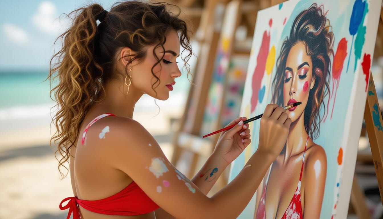 Woman in Red Bikini Paints Portrait: Hyper-Realistic Photogr...