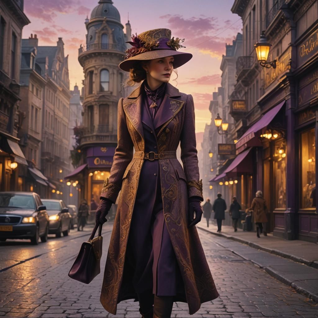 Elegant Woman Walks Down Dreamlike Street