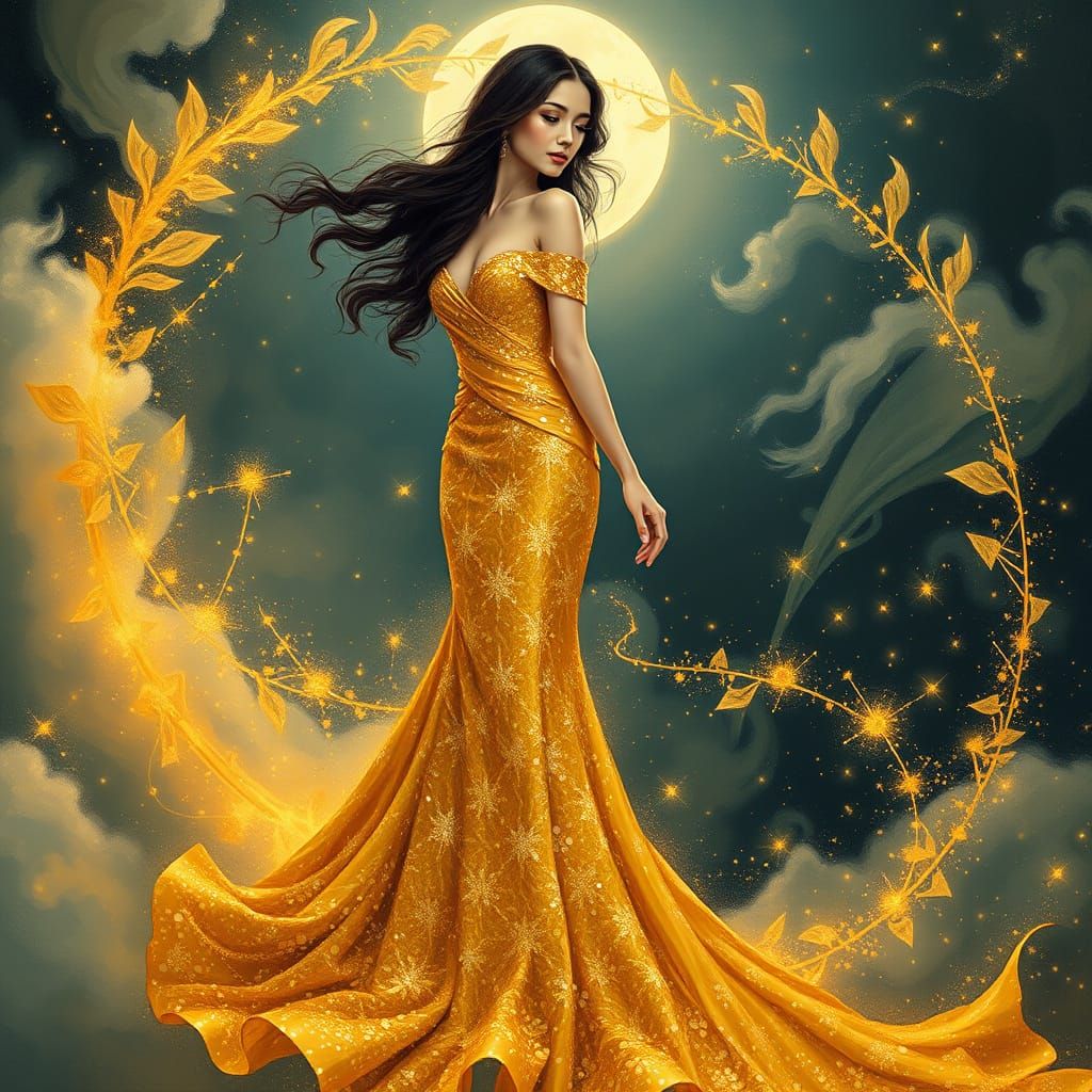 Majestic Woman in Cosmic Gold Gown with Starlight Train