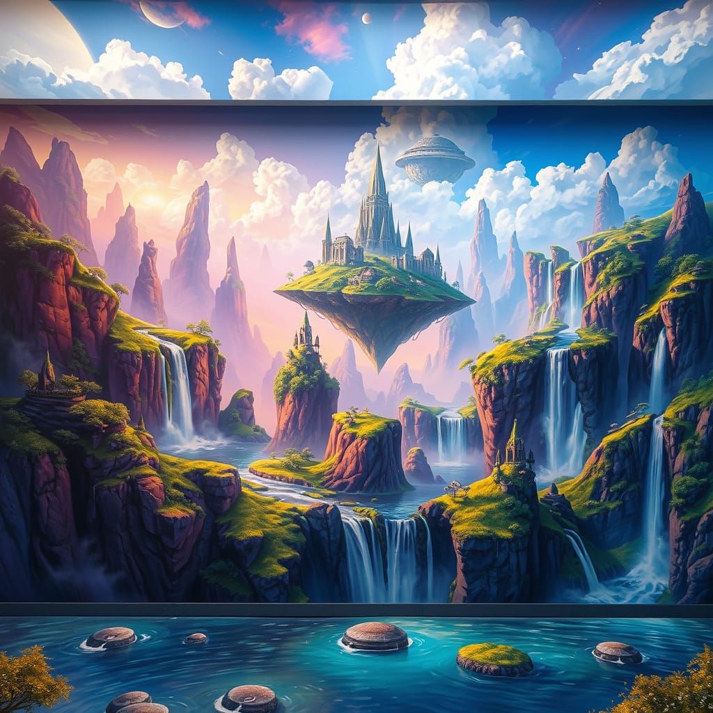 A large, fantastical mural depicting a serene landscape with...