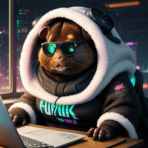 Cyberpunk Guinea Pig Hacker in Neon City