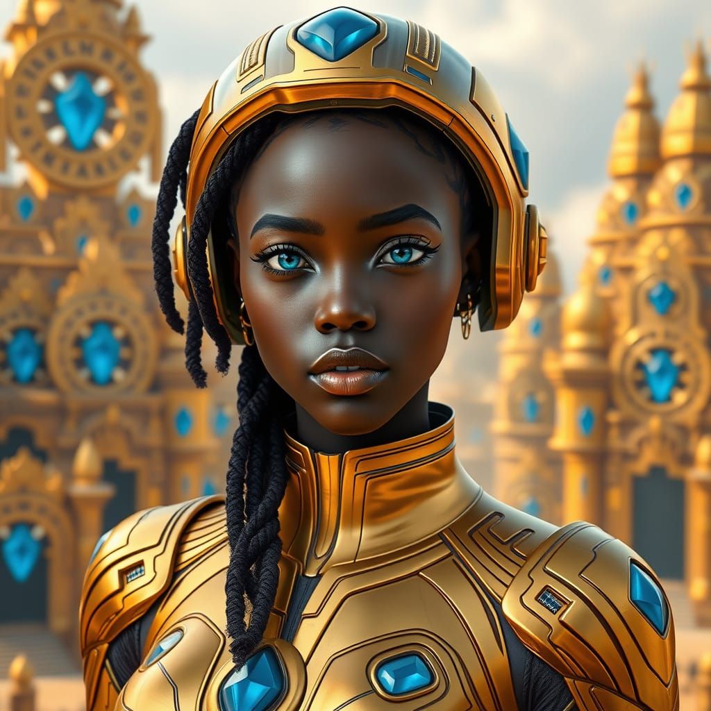Futuristic African Warrior in Golden City