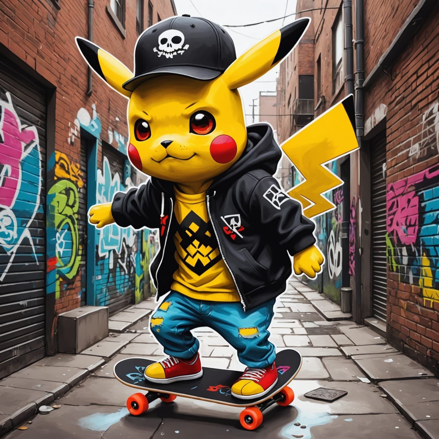 Pikachu Skateboarding in Graffiti Alley: Street Art