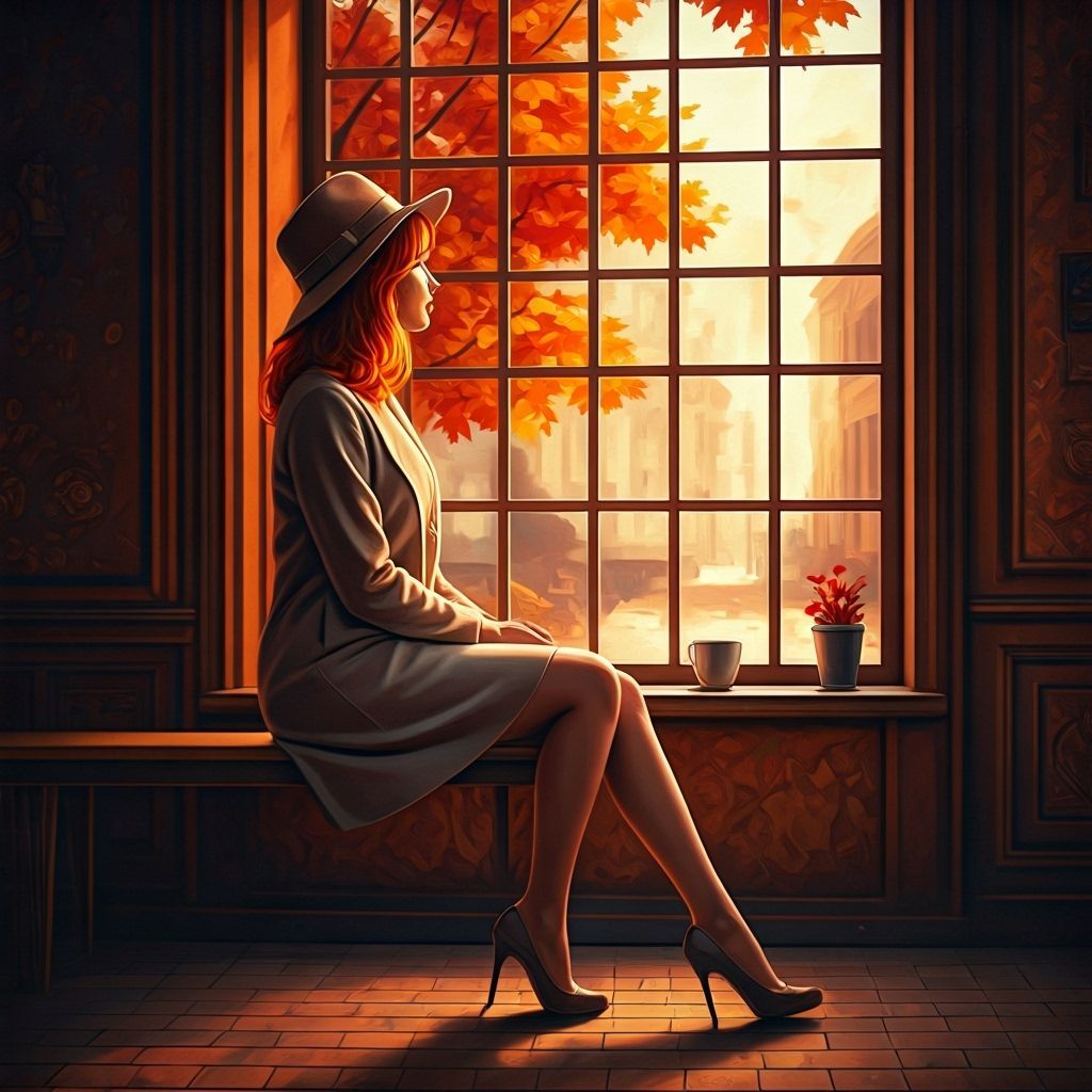 Autumn Woman in Cozy Coffee Shop Window