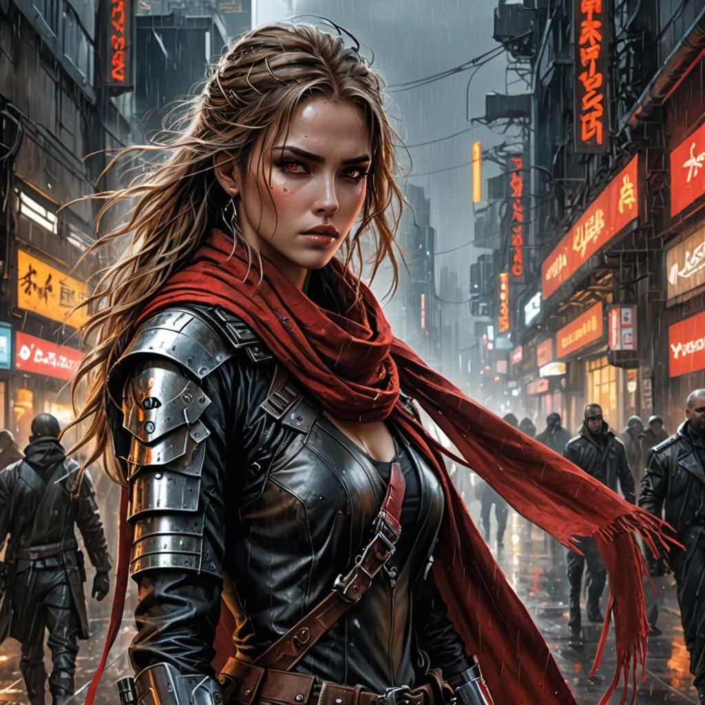 Cyberpunk Sniper Girl in Rainy Cityscape