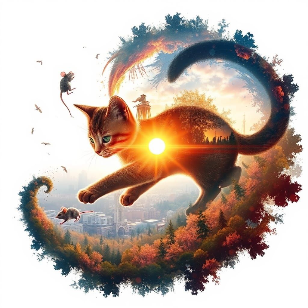 Dreamlike Cat and Mouse in Surreal Vortex