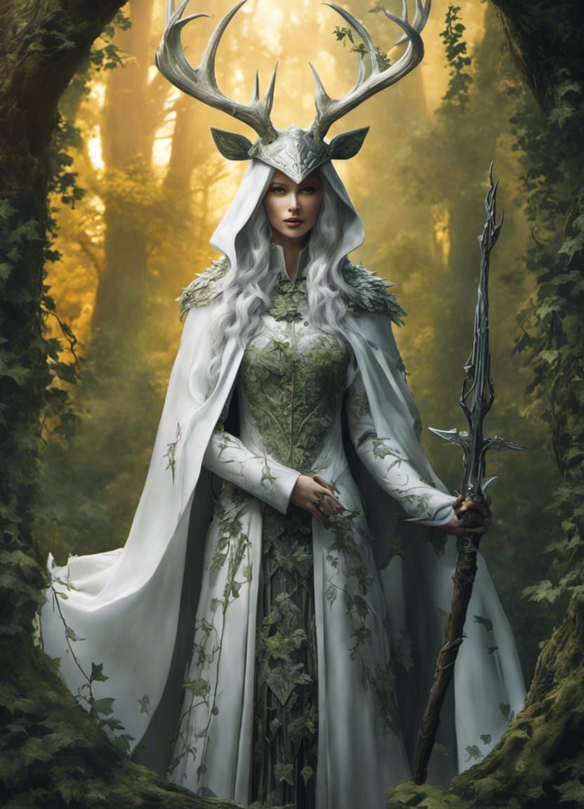 Mysterious Witch and White Stag in Forest