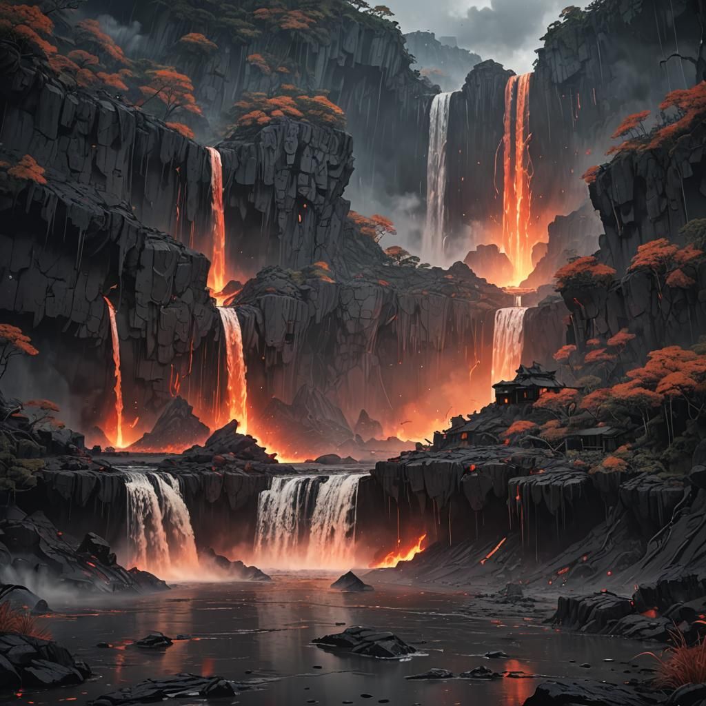 Post-Apocalyptic Waterfall in Anime Style