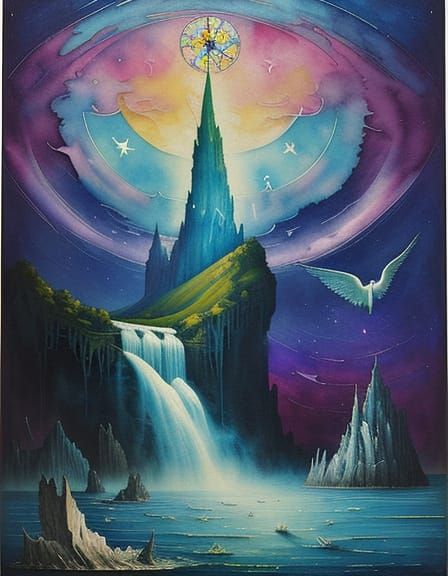 Clockwork Nature Fantasy Seascape with Cosmic Waterfall