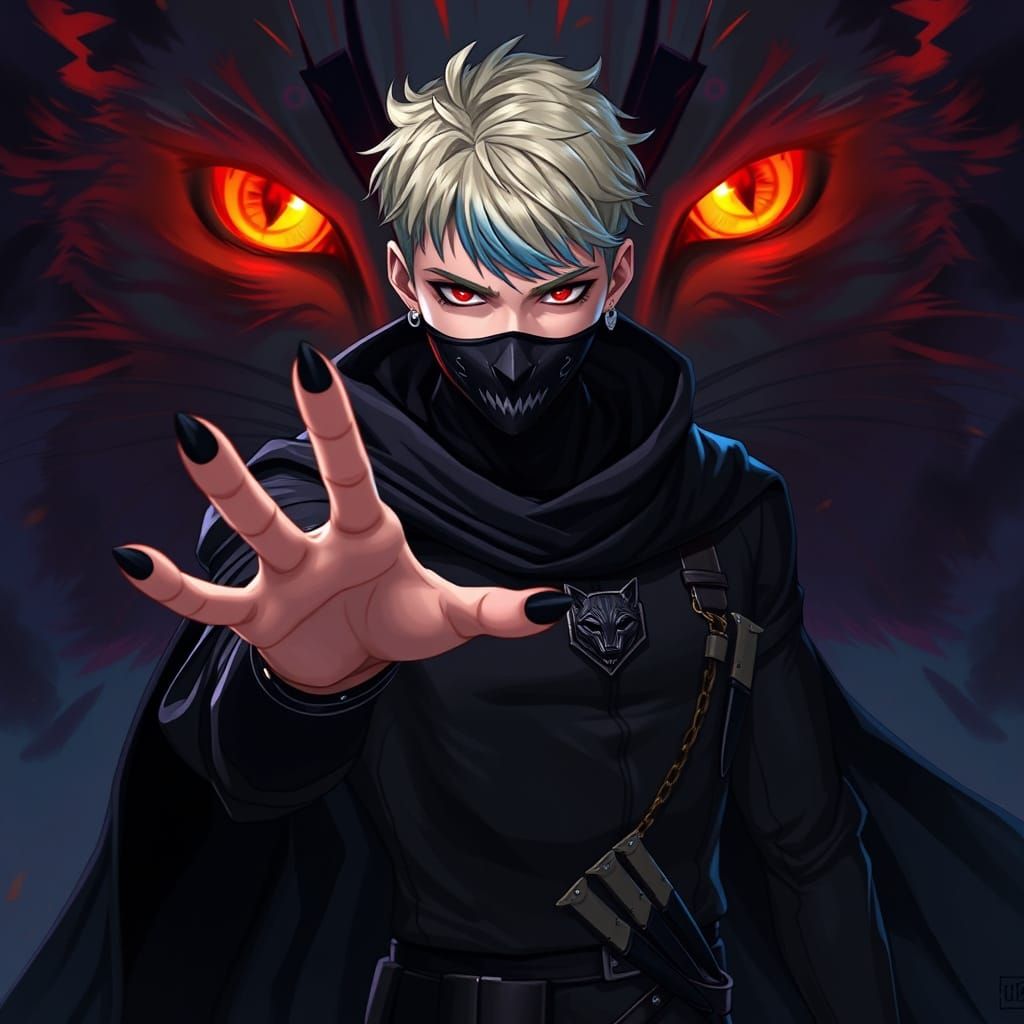 Anime-Inspired Young Man with Wolf Emblem