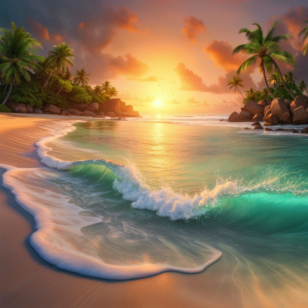 Lush Tropical Beach at Sunset in Photorealistic Style