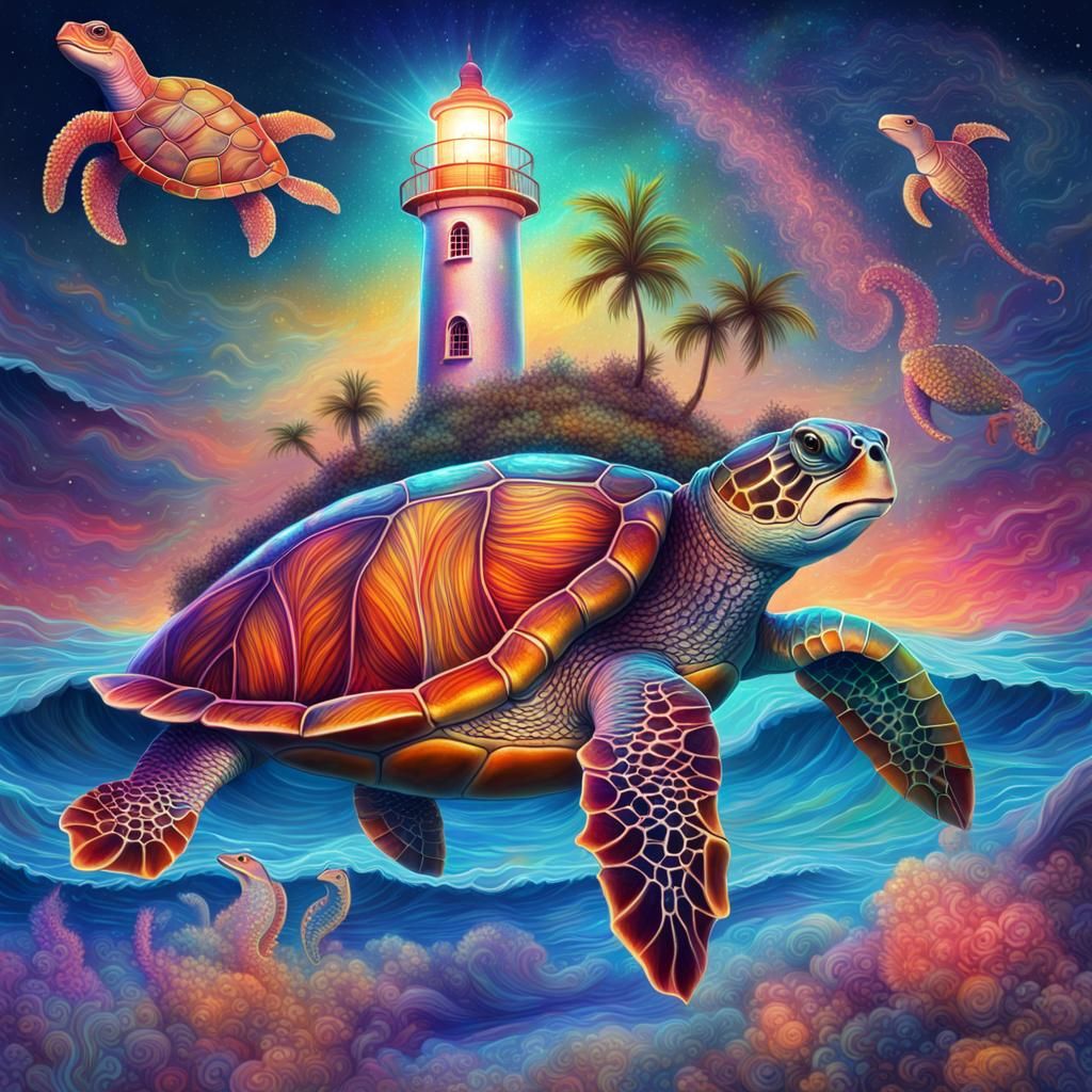 Groovy Turtle Lighthouse Surfing Seahorses: Cosmic Illustrat...