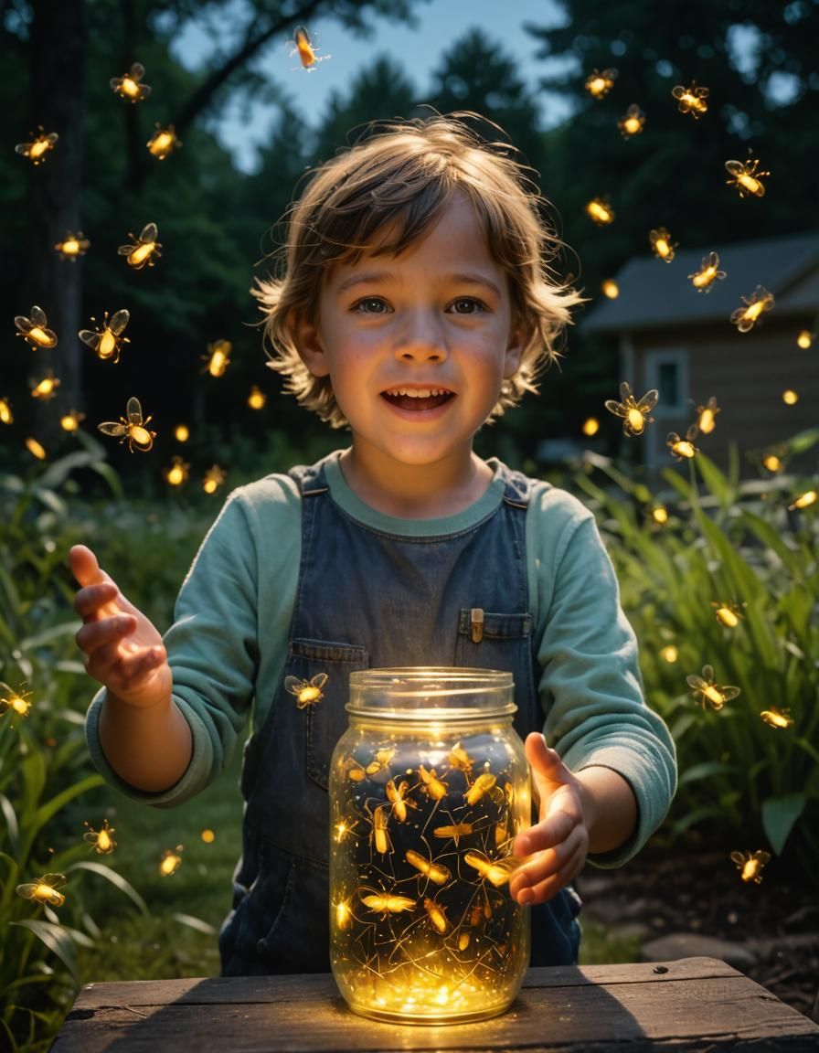 Child Holds Jar of Fireflies: Cinematic Film Still