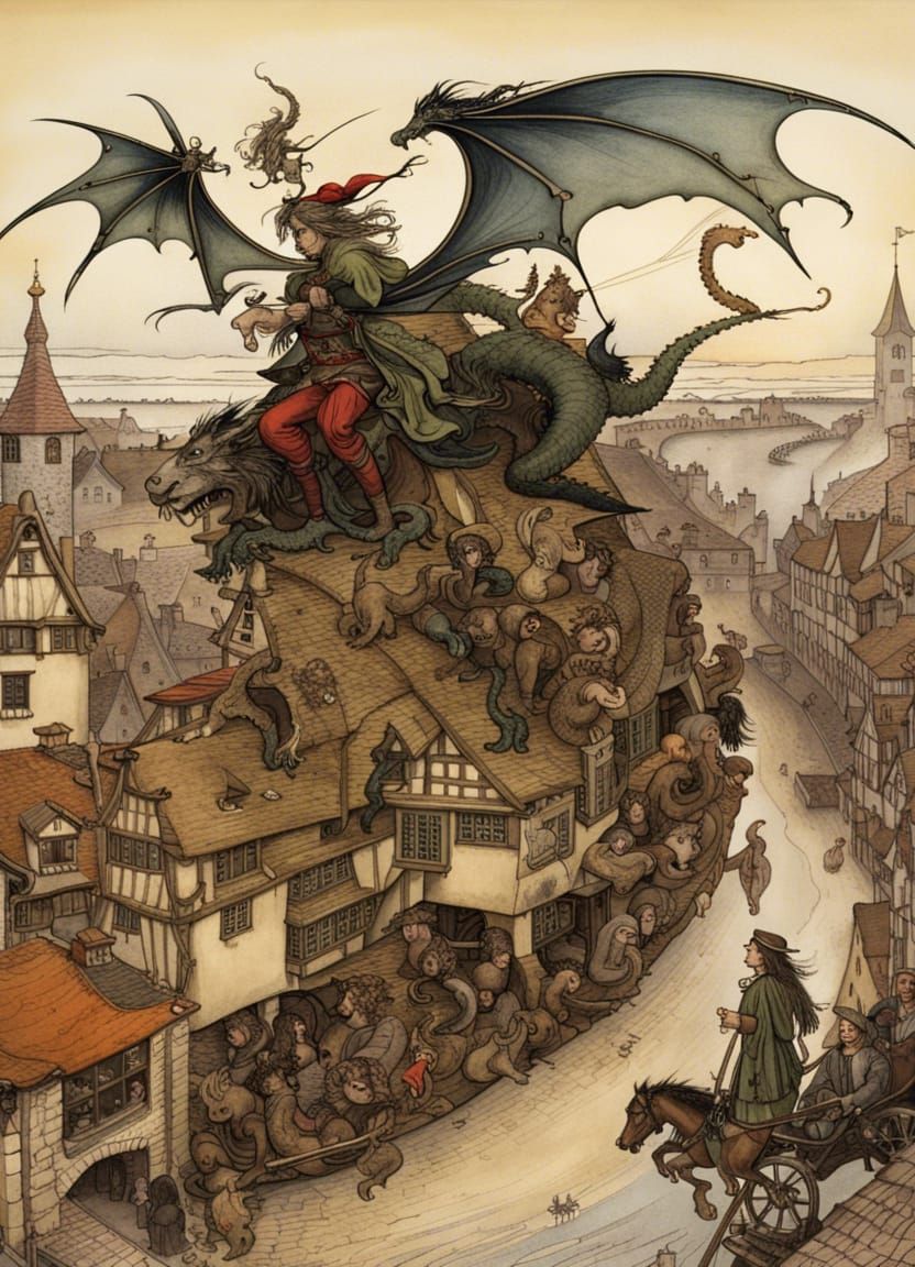 Witch on Dragon Flying Over Medieval Village