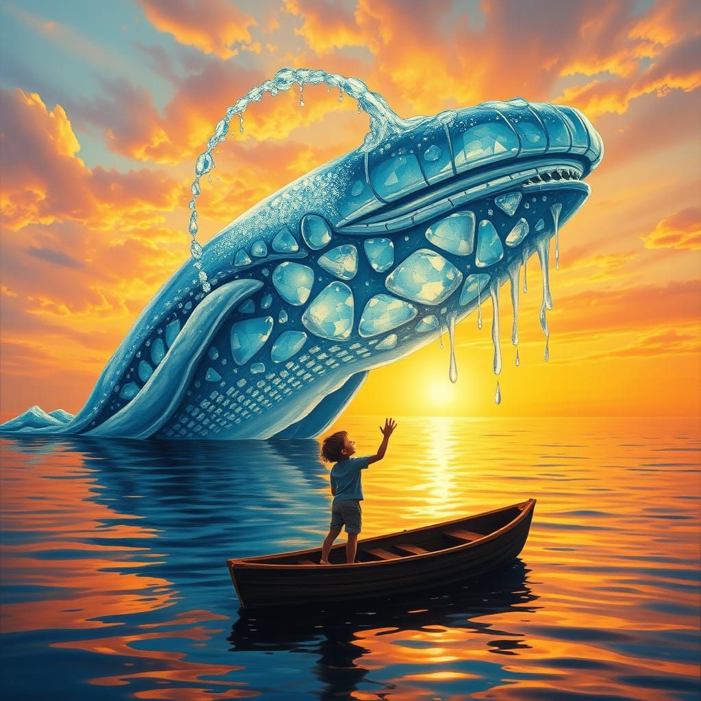 Fantasy Scene of Child and Ocean Whale at Sunset