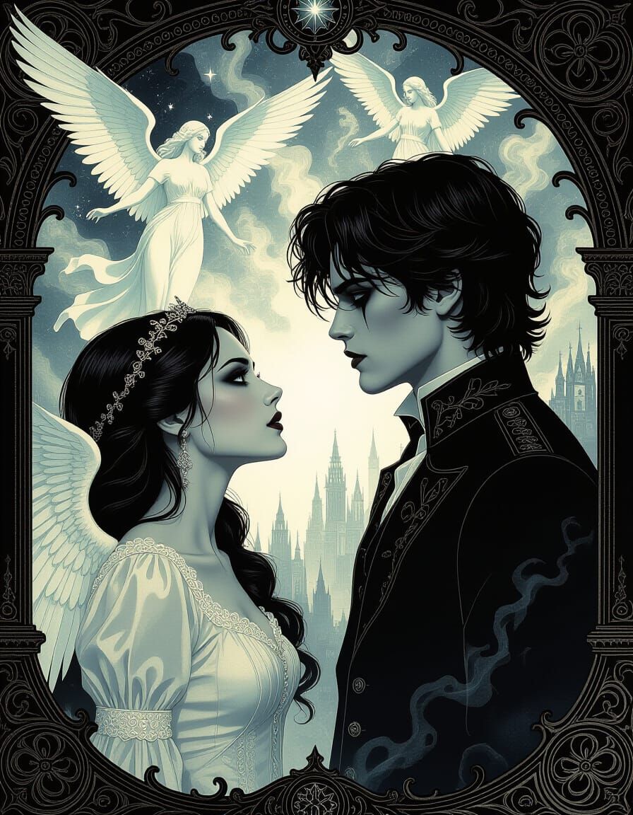 Gothic Horror Scene: Adoring Gaze Amidst Angels and Demons