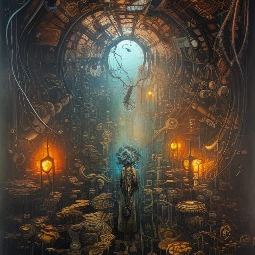 Psychedelic Steampunk Underworld in Liquid Gouache Style