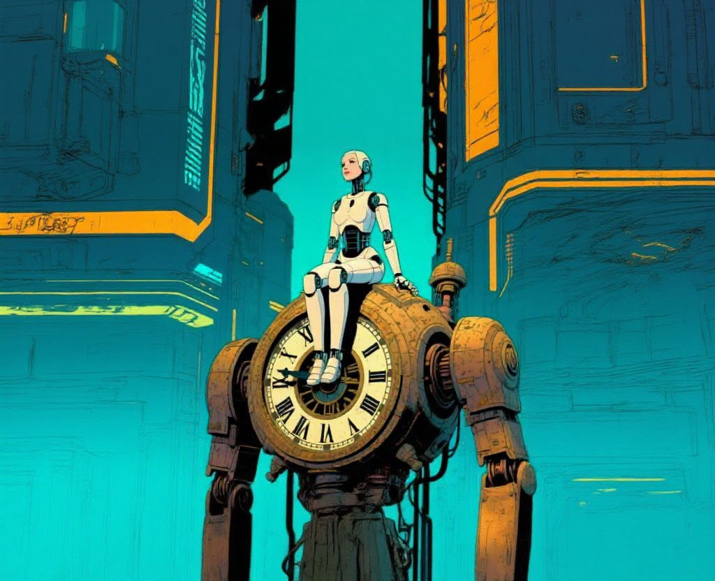 Female Robot on Ancient Clockwork Automaton in Moebius Style