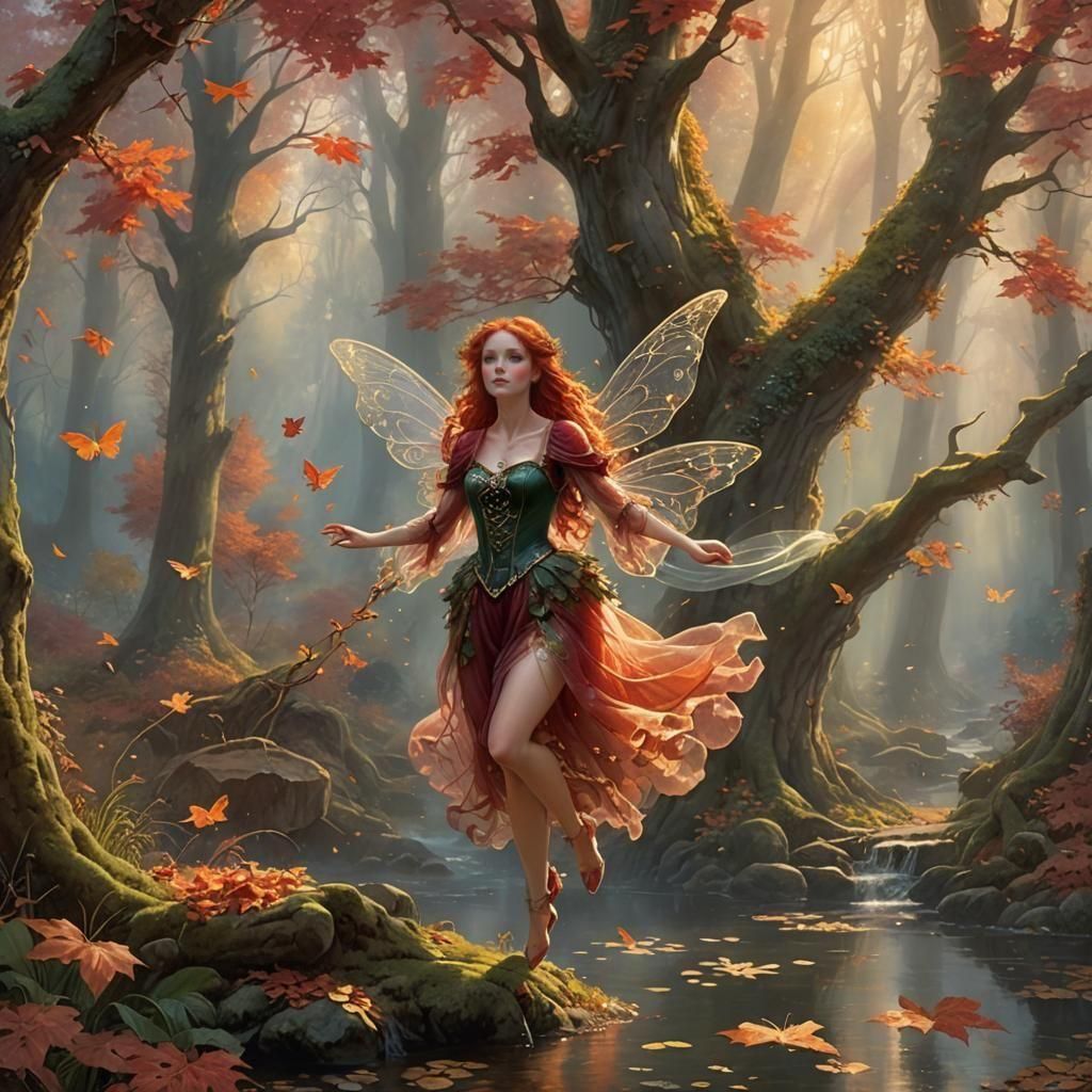 Ethereal Red-Haired Autumn Fairy in Misty Woods