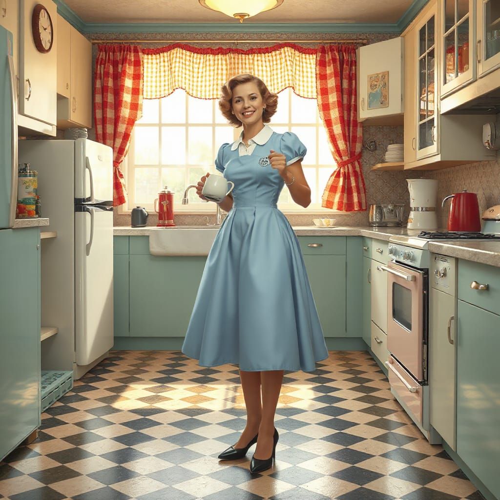 1950s Housewife in Kitchen, Hyperrealistic Style
