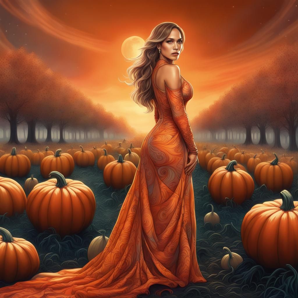 Woman in Orange Dress in Pumpkin Field, Astral Illustration