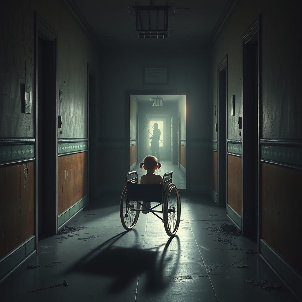 Creepy Abandoned Hospital Hallway with Ghostly Reflection