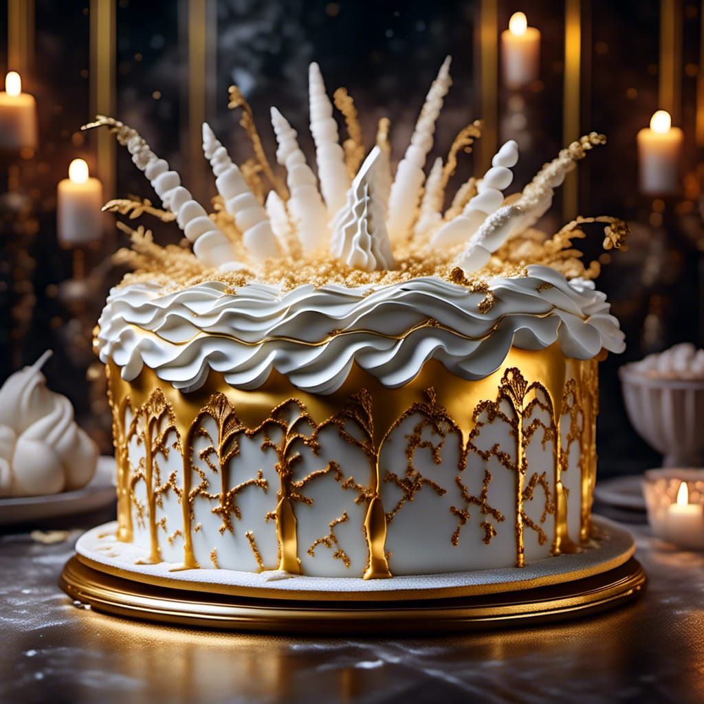 Appetizing Gold and White Cake in Hyperrealistic Style