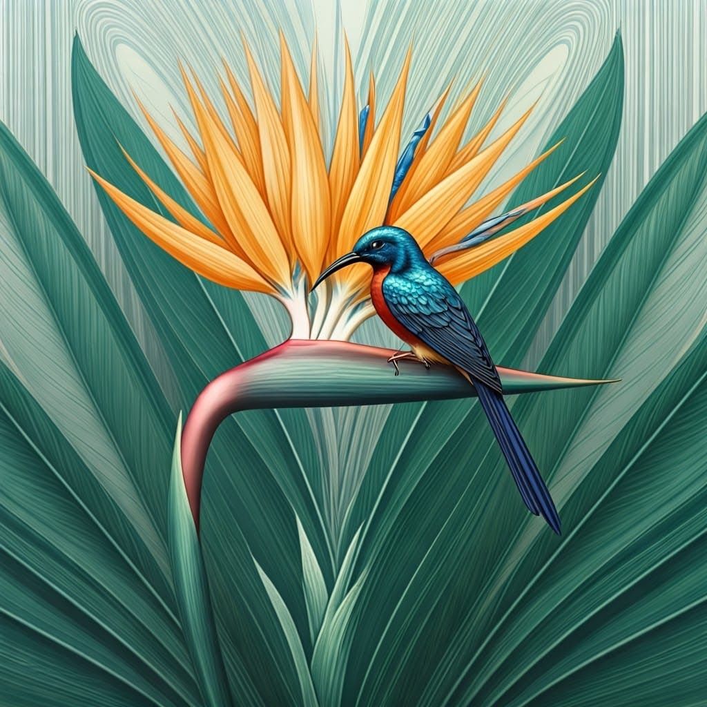 Art Deco Strelitzia Flower with Sunbird Illustration
