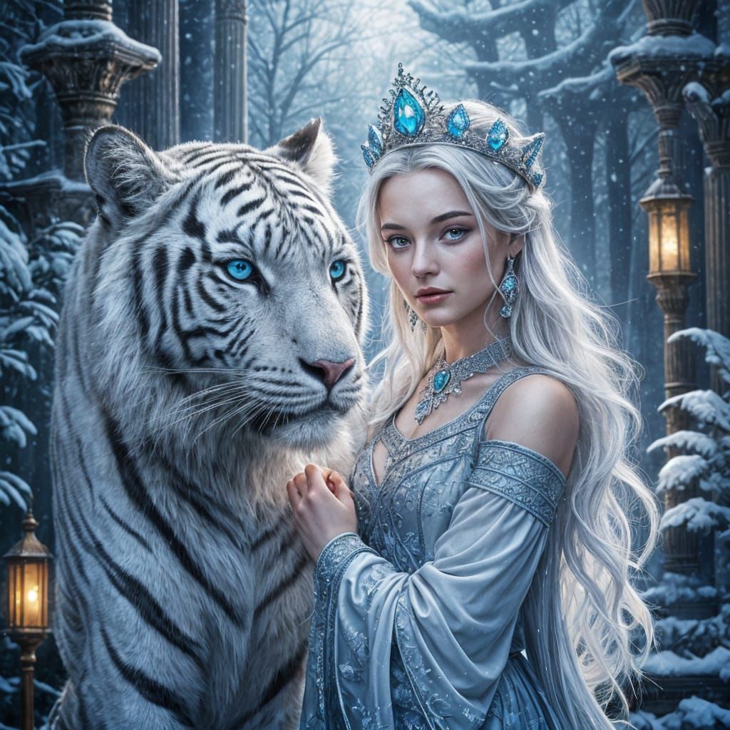 Enchanted Forest: Woman and White Tiger Fantasy Painting
