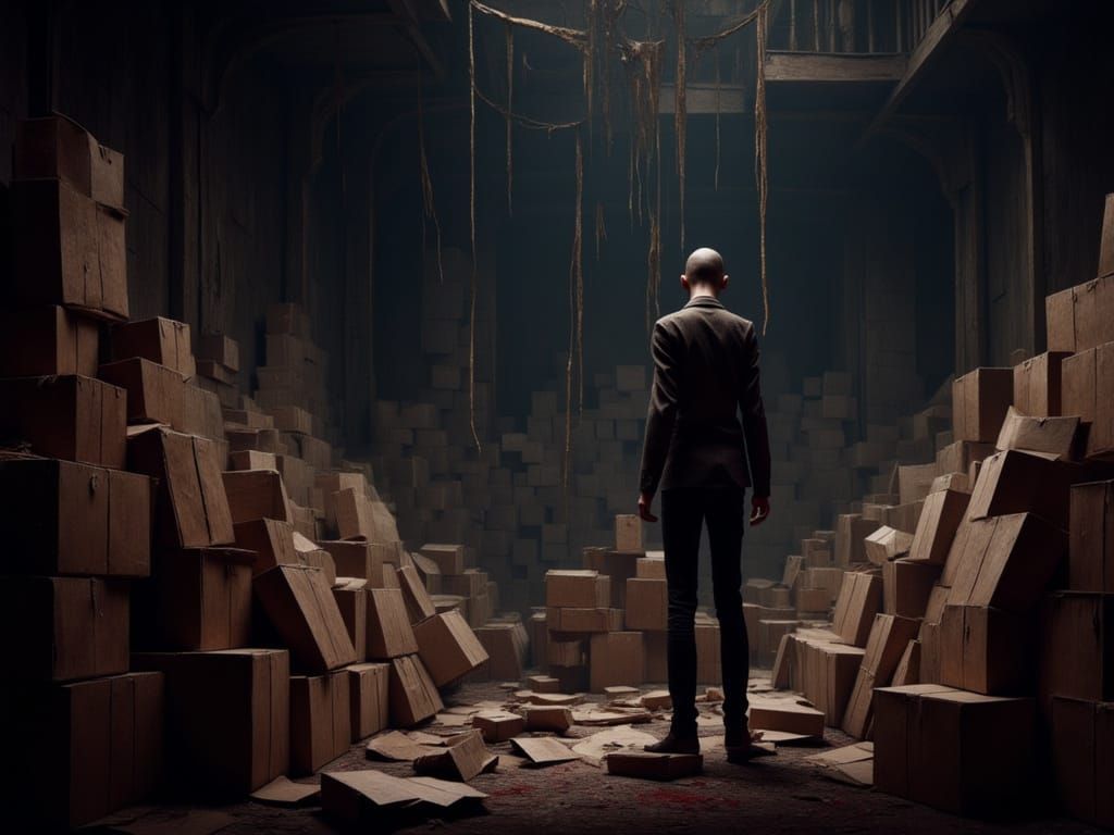 Person Stares At Boxes In Dark Room Concept Art