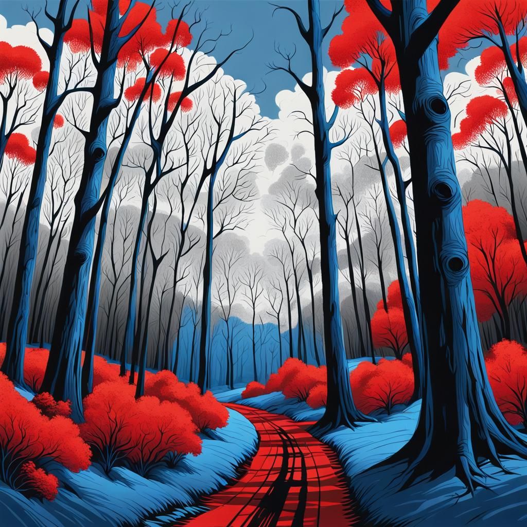 Envision a surreal landscape, all elements sketched in a mon...