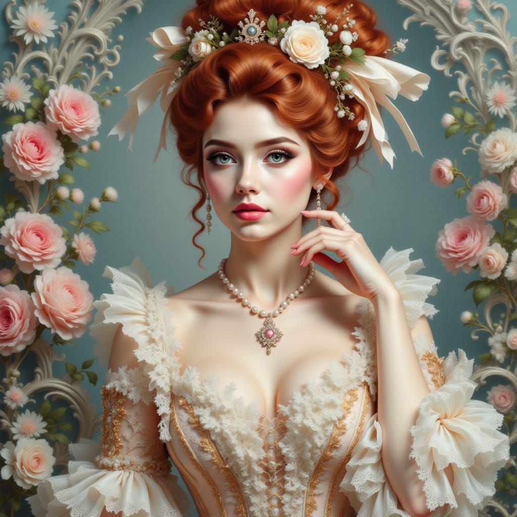 Rococo Elegance: Woman in Pastel Silk Gown