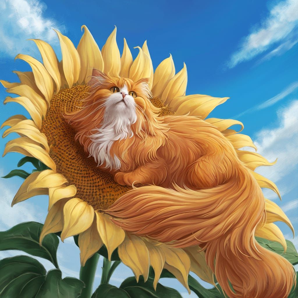 Beautiful Persian cat waking  up on a giant sunflower under ...