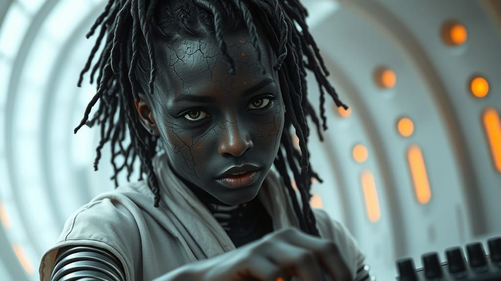 Biomechanical DJ Portrait in Futuristic Cathedral