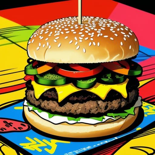 Vibrant Pop Art Hamburger with Crispy Fries