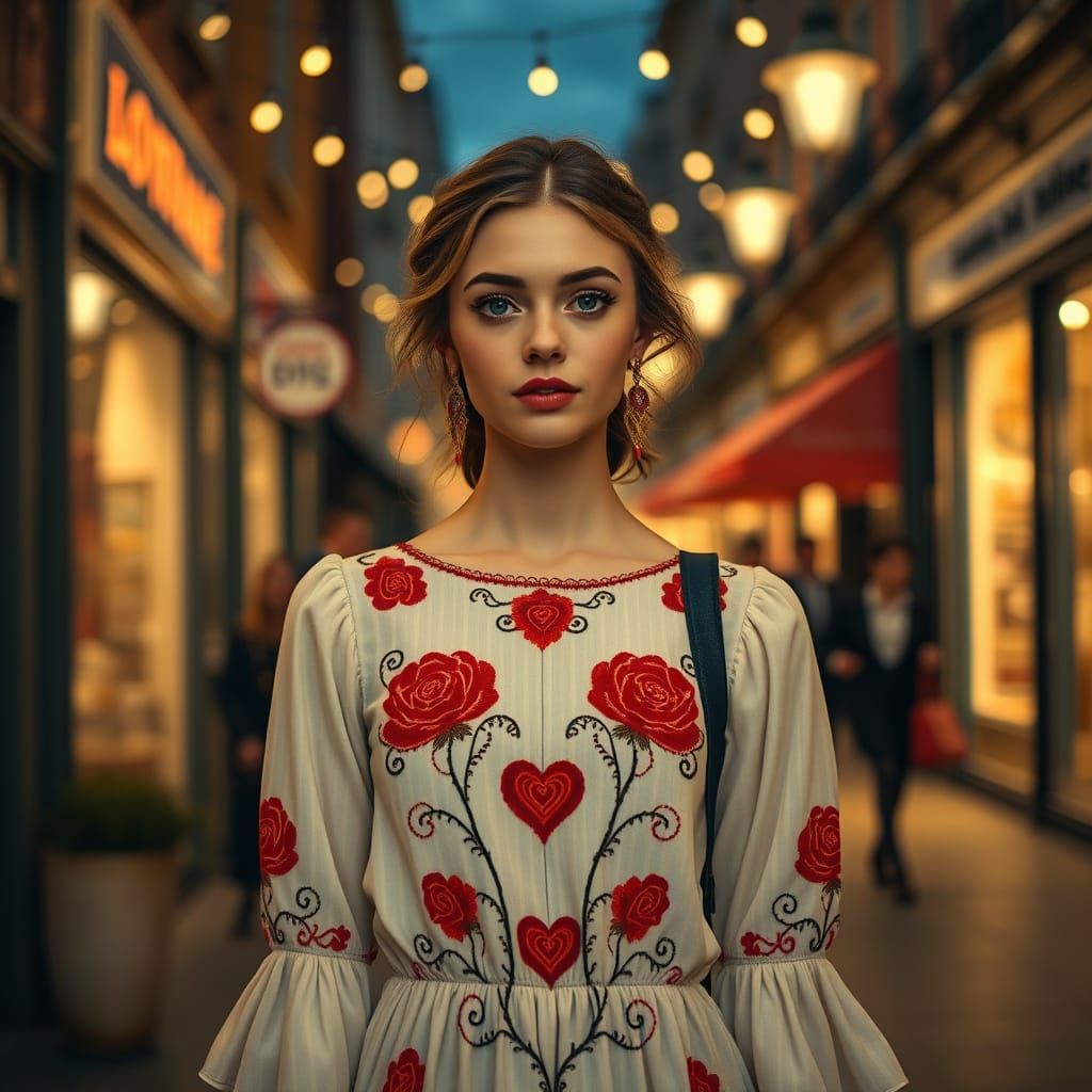 Whimsical Woman Strolls Through Nighttime Streets in Handmad...